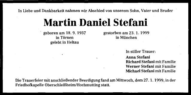 Stefani Martin Daniel 1937-1999 Todesanzeige